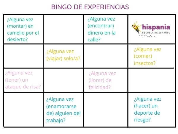 Bingo de experiencias pretérito perfecto. Hispania, escuela de español
