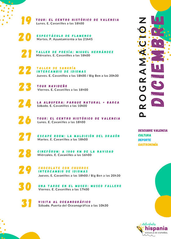 Programa de Actividades en Hispania, escuela de español del 19 al 31 de Diciembre 2022