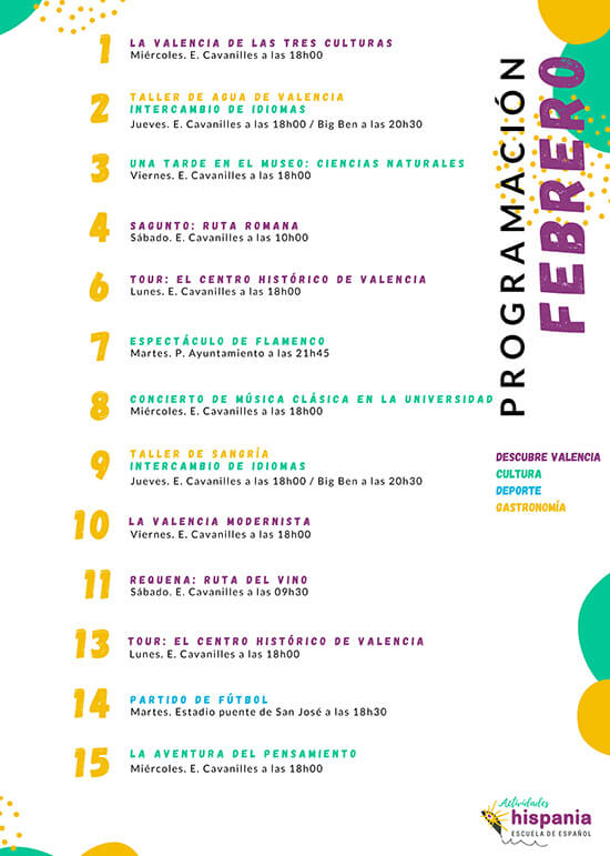 Programa de Actividades Hispania, escuela de español del 1 al 15 de Febrero 2023