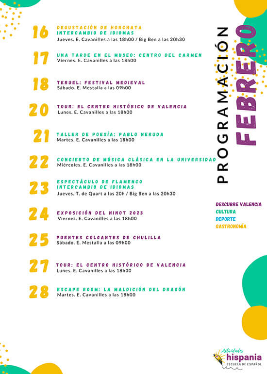 Programa de Actividades Hispania, escuela de español del 16 al 28 de Febrero 2023
