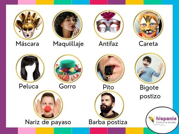 Vocabulario de carnaval con elementos típicos de carnaval. Hispania, escuela de español