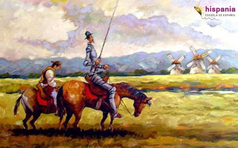 Don Quixote de la Mancha het universele werk van Miguel de Cervantes. Hispania, escuela de español