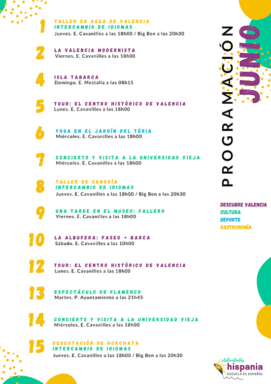 Programa de atividades Hispania, escuela de español de 1 a 15 de junho de 2023
