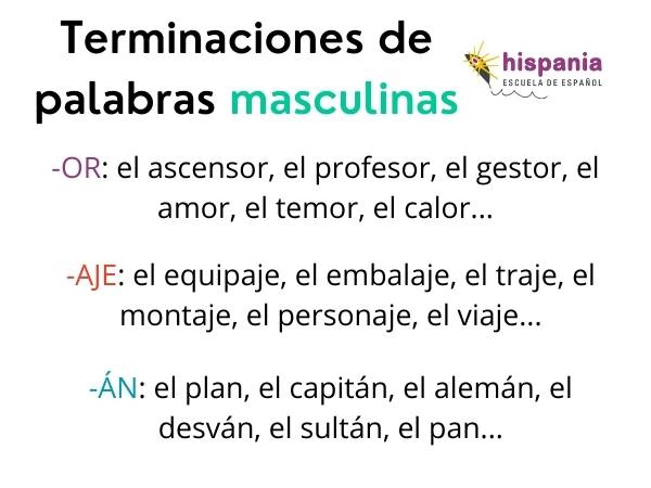 Terminaciones de palabras masculinas. Hispania, escuela de español