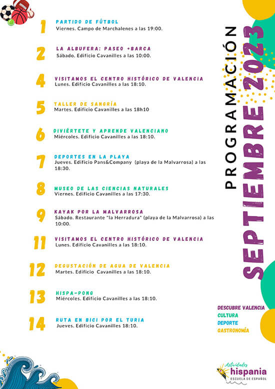 Activities Program Hispania, escuela de español from September 1 to 14, 2023