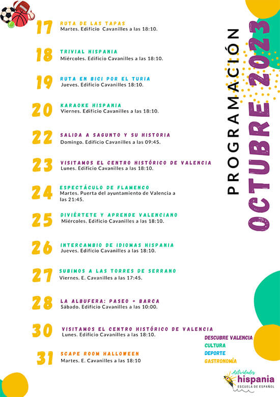 Programación de Actividades de Hispania, escuela de español del 17 al 31 de octubre 2023