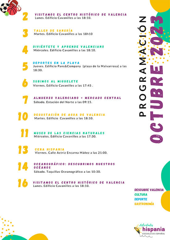 Programación de Actividades de Hispania, escuela de español del 2 al 16 de octubre 2023