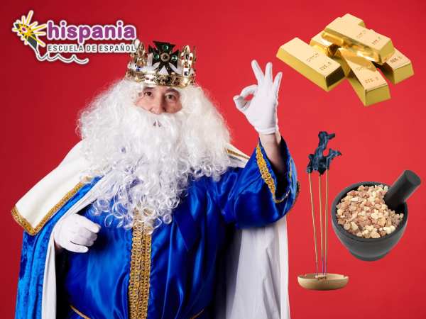 Rey Melchor muestra regalos oro, incienso y mirra. Hispania, escuela de español