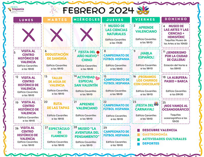 Programa de Actividades de Hispania, escuela de español febrero 2024